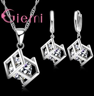 Shiny Clear Zirconia Sieraden Sets Voor Vrouwen Geometrische Vormige Oorbel Hanger Ketting Vrouwen Accessoires