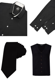 Shirt with vest and tie set of 3 Zwart/wit - L