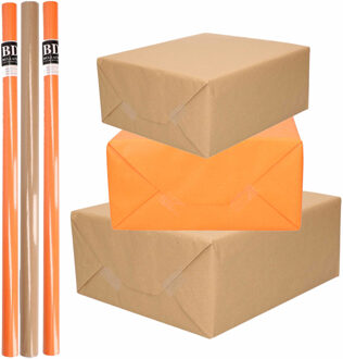 Shoppartners 10x Rollen kraft inpakpapier/kaftpapier pakket bruin/oranje 200 x 70 cm