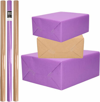 Shoppartners 10x Rollen kraft inpakpapier/kaftpapier pakket bruin/paars 200 x 70 cm