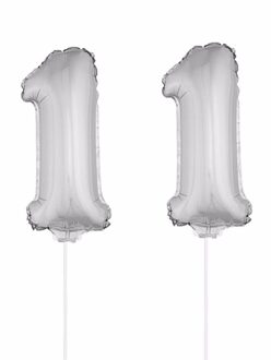 Shoppartners 11 jaar leeftijd feestartikelen - versiering cijfers - zilver - ballonnen op stokje - van 41 cm