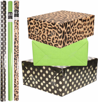 Shoppartners 12x Rollen kraft inpakpapier/folie pakket - panterprint/groen/zwart met gouden stippen 200 x 70 cm