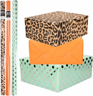 Shoppartners 12x Rollen kraft inpakpapier/folie pakket - panterprint/oranje/mintgroen zilver stippen 200 x 70 cm