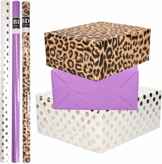 Shoppartners 12x Rollen kraft inpakpapier/folie pakket - panterprint/paars/wit met zilveren stippen 200 x 70 cm