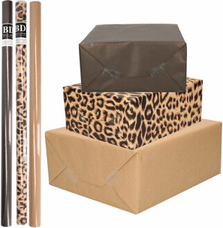 Shoppartners 12x Rollen kraft inpakpapier/kaftpapier pakket bruin/zwart/panterprint 200 x 70 cm