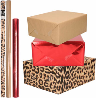 Shoppartners 12x Rollen kraft inpakpapier pakket dierenprint/metallic rood en bruin 200 x 70/50