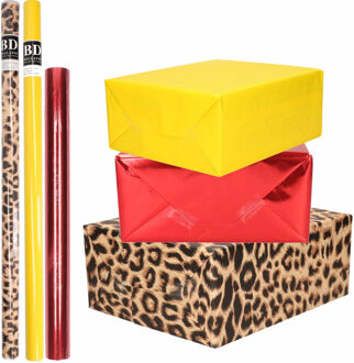 Shoppartners 12x Rollen kraft inpakpapier pakket dierenprint/metallic rood en geel 200 x 70/50 cm