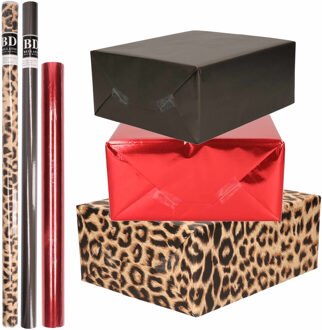 Shoppartners 12x Rollen kraft inpakpapier pakket dierenprint/metallic rood en zwart 200 x 70/50