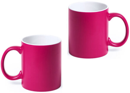 Shoppartners 12x stuks drinkbeker/mok fuchsia/wit 350 ml - Keramiek - Fuchsia mokken/bekers voor onbijt en lunch