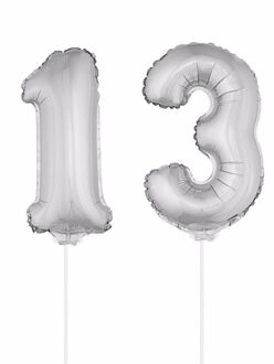 Shoppartners 13 jaar leeftijd feestartikelen - versiering cijfers - zilver - ballonnen op stokje - van 41 cm