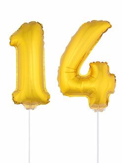 Shoppartners 14 jaar leeftijd feestartikelen - versiering cijfers - goud - ballonnen op stokje - van 41 cm