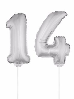 Shoppartners 14 jaar leeftijd feestartikelen - versiering cijfers - zilver - ballonnen op stokje - van 41 cm