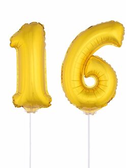 Shoppartners 16 jaar leeftijd feestartikelen - versiering cijfers - ballonnen op stokje - van 41 cm - goud