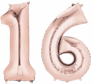 Shoppartners 16 jaar verjaardag - Folie ballon cijfers - rose goud - 88 cm - versiering Roze