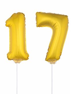 Shoppartners 17 jaar leeftijd feestartikelen - versiering cijfers - goud - ballonnen op stokje - van 41 cm