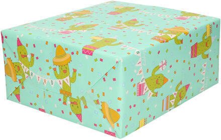 Shoppartners 1x Inpakpapier/cadeaupapier mint met cactus en Happy Birthday slinger 200 x 70 cm op rol Multi