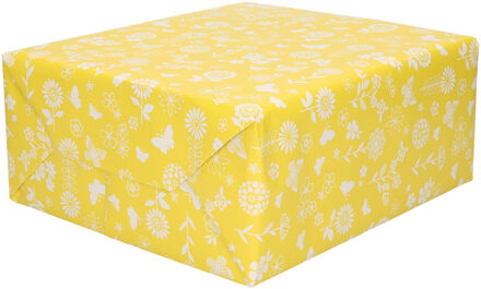 Shoppartners 1x Rollen Inpakpapier/cadeaupapier geel met witte bloemen en vlinders 200 x 70 cm