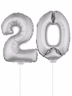 Shoppartners 20 jaar leeftijd feestartikelen - versiering cijfers - zilver - ballonnen op stokje - van 41 cm