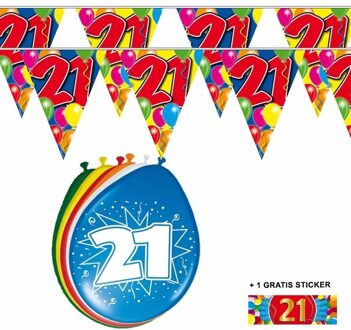 Shoppartners 21 jaar versiering set - kamer - 2x vlaggenlijnen - 8x ballonnen - gratis sticker Multi