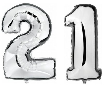Shoppartners 21 jaar zilveren folie ballonnen 88 cm leeftijd/cijfer