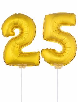 Shoppartners 25 jaar leeftijd feestartikelen - versiering cijfers - goud - ballonnen op stokje - van 41 cm Goudkleurig