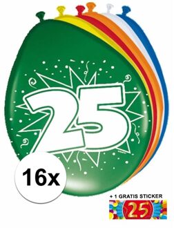 Shoppartners 25 jaar versiering - 16x leeftijd ballonnen - gratis sticker Multi