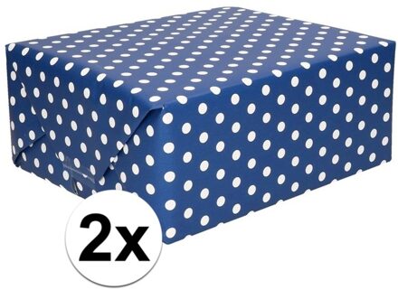 Shoppartners 2x Cadeaupapier donkerblauw met witte stipjes/polkadots 200 x 70 cm - Cadeaupapier