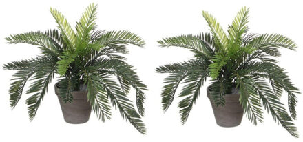 Shoppartners 2x Groene Cycaspalm kunstplanten 37 cm in zwarte pot - Kunstplanten/nepplanten