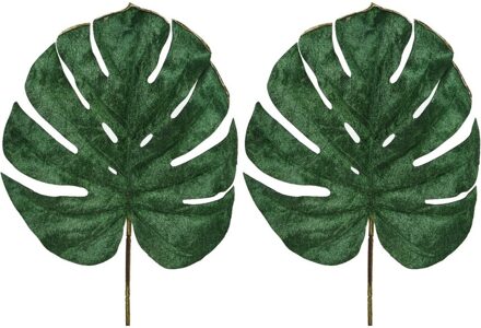 Shoppartners 2x Groene fluwelen Monstera/gatenplant kunsttakken/planten 80 cm