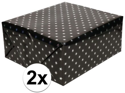Shoppartners 2x Holografisch inpakpapier/cadeaupapier zwart met zilveren sterretjes 150 cm per rol