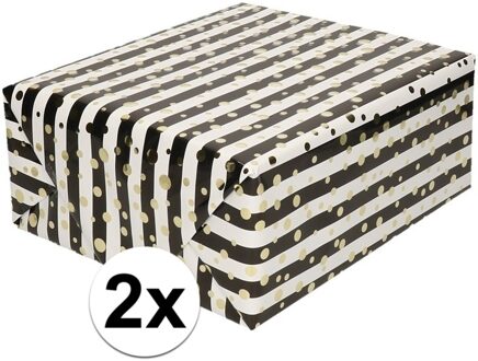 Shoppartners 2x Inpakpapier/cadeaupapier metallic wit/zwart/goud gestreept 150 x 70 cm per rol  - kadopapier / cadeaupapier/papier