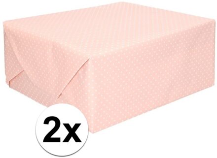 Shoppartners 2x Inpakpapier/cadeaupapier roze met stip 200 x 70 cm rollen