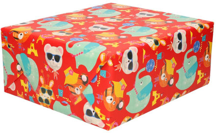 Shoppartners 2x Inpakpapier kinder verjaardag met olifant/poes 200 x 70 cm