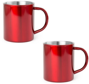 Shoppartners 2x Rode drinkbekers/mokken RVS 280 ml - Bekers Rood