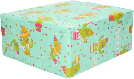 Shoppartners 2x Rollen Inpakpapier mint groen cactussen / happy birthday design - 70 x 200 cm - kadopapier / cadeaupapier