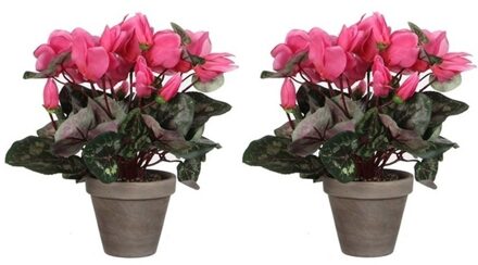 Shoppartners 2x Roze cycklamen kunstplanten 30 cm met oranje bloemen en grijze pot - Kunstplanten