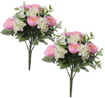 Shoppartners 2x Roze Hortensia/ranonkel Hydrangea/ranunculus Mix Boeketten Kunstbloemen 35 Cm - Kunstbloemen