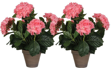 Shoppartners 2x Roze Hydrangea/hortensia Kunstplant 45 Cm In Grijze Pot - Kunstplanten/nepplanten