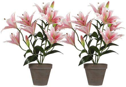 Shoppartners 2x Roze Tigerlily/tijgerlelie kunstplanten 47 cm in pot - Kunstplanten