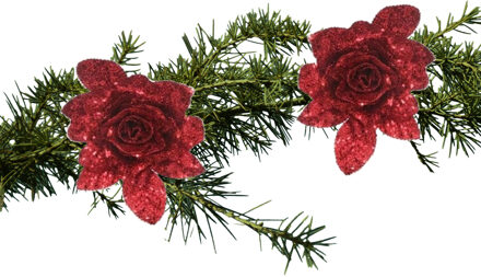 Shoppartners 2x stuks kerstboom bloemen op clip rode glitter roos 15 cm - Kunstbloemen Rood