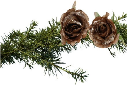 Shoppartners 2x Stuks Kerstboom Bloemen Roos Goud Bruin Glitter Op Clip 10 Cm. - Kunstbloemen Goudkleurig
