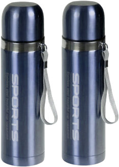 Shoppartners 2x stuks metallic thermosflessen / isoleerflessen RVS voor onderweg lichtblauw 500 ml - Thermosflessen