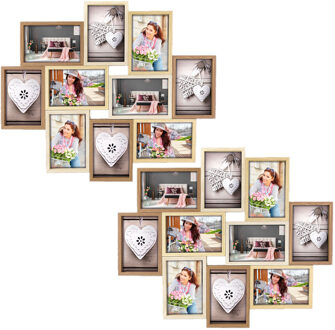 Shoppartners 2x Stuks Multi Fotolijst Met Houten Frame Met 10 Lijstjes Geschikt Voor Een Foto Van 10 X 15 Cm - Fotolijsten Bruin