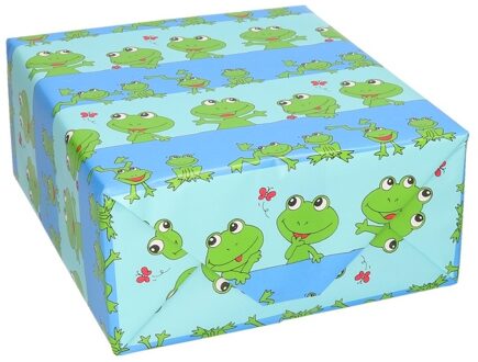 Shoppartners 2x stuks rollen Inpakpapier/cadeaupapier blauw/groene kikkers print 200 x 70 cm- Cadeauverpakking dieren kadopapier