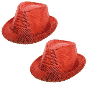 Shoppartners 2x stuks rood trilby glitter party verkleed hoedjes met pailletten