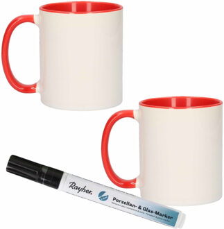 Shoppartners 2x stuks rood/witte drink mokken van keramiek met een zwarte porseleijn marker stift - Maak uw eigen mokken