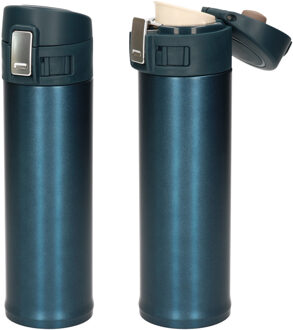 Shoppartners 2x stuks RVS thermoflessen / isoleerflessen voor onderweg petrol blauw 450 ml - Thermosflessen