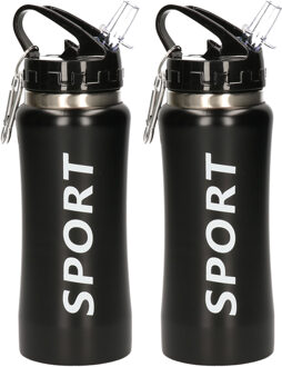 Shoppartners 2x stuks sport bidon drinkfles/waterfles Sport print zwart 420 Ml - Drinkflessen