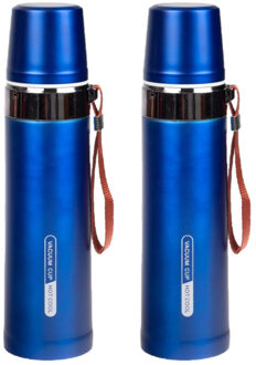 Shoppartners 2x stuks thermosfles / isoleerfles RVS met bandje voor onderweg 750 ml blauw - Thermosflessen