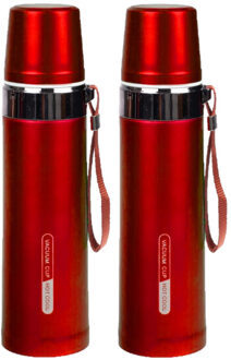 Shoppartners 2x stuks thermosfles / isoleerfles RVS met bandje voor onderweg 750 ml rood - Thermosflessen